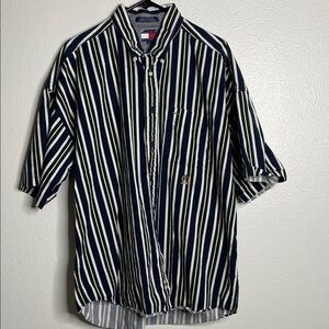 Vintage Tommy Hilfiger Navy and White Striped Shirt Y2K